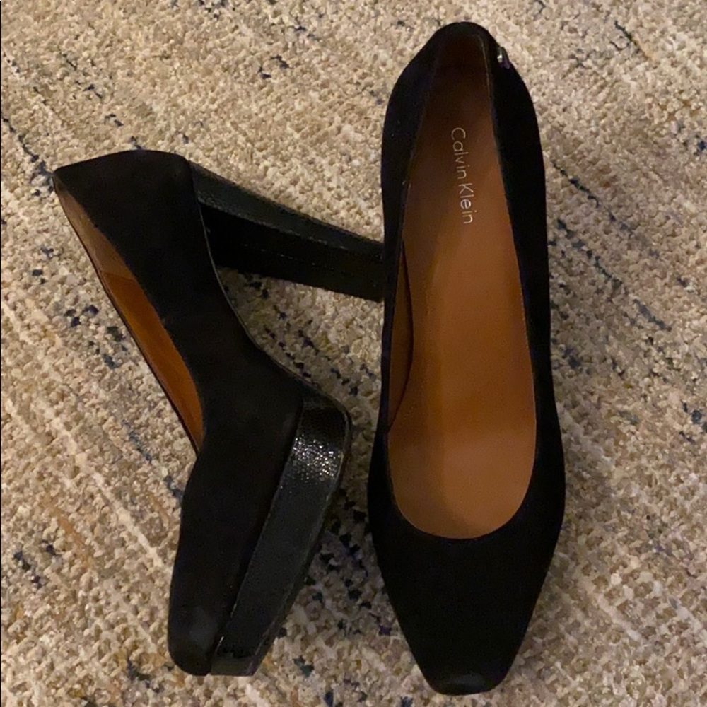 Calvin Klein black suede and snake platform heel